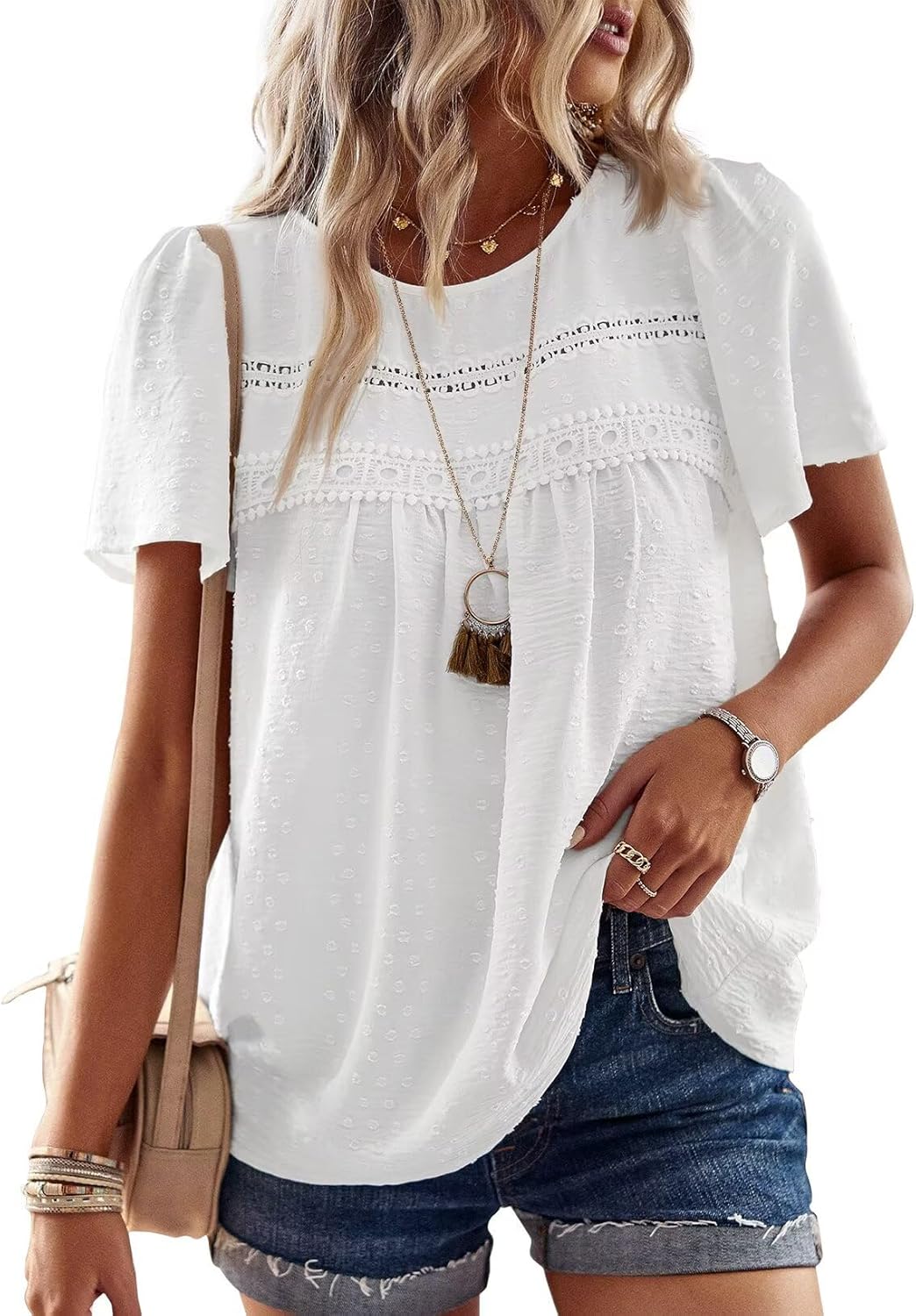 Blusa Eugenia Feminina – Top Boémio com Renda de Croché e Mangas Curtas