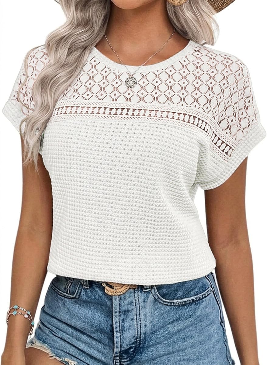 Belinda Damen Bluse Spitze – Rundhals, Kurze Ärmel, Weite Elegante Passform Sommer