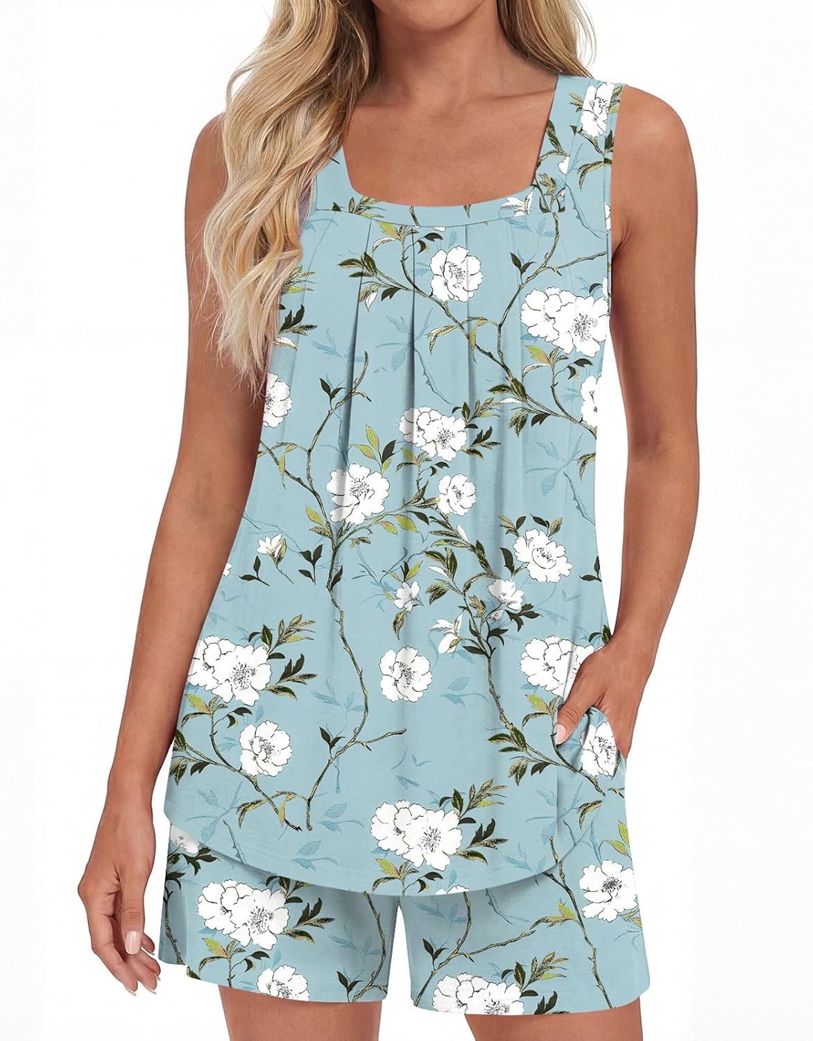 Pijama de Verano para Mujer Ella – Camiseta sin Mangas y Pantalones Cortos Lounge con Bolsillos