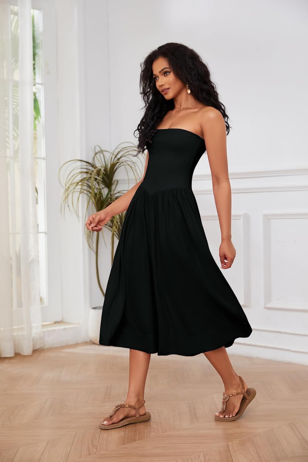 Lina Midi Dress for Women – Sleeveless Strapless Dress with Low Waist A-Line Chic Summer
