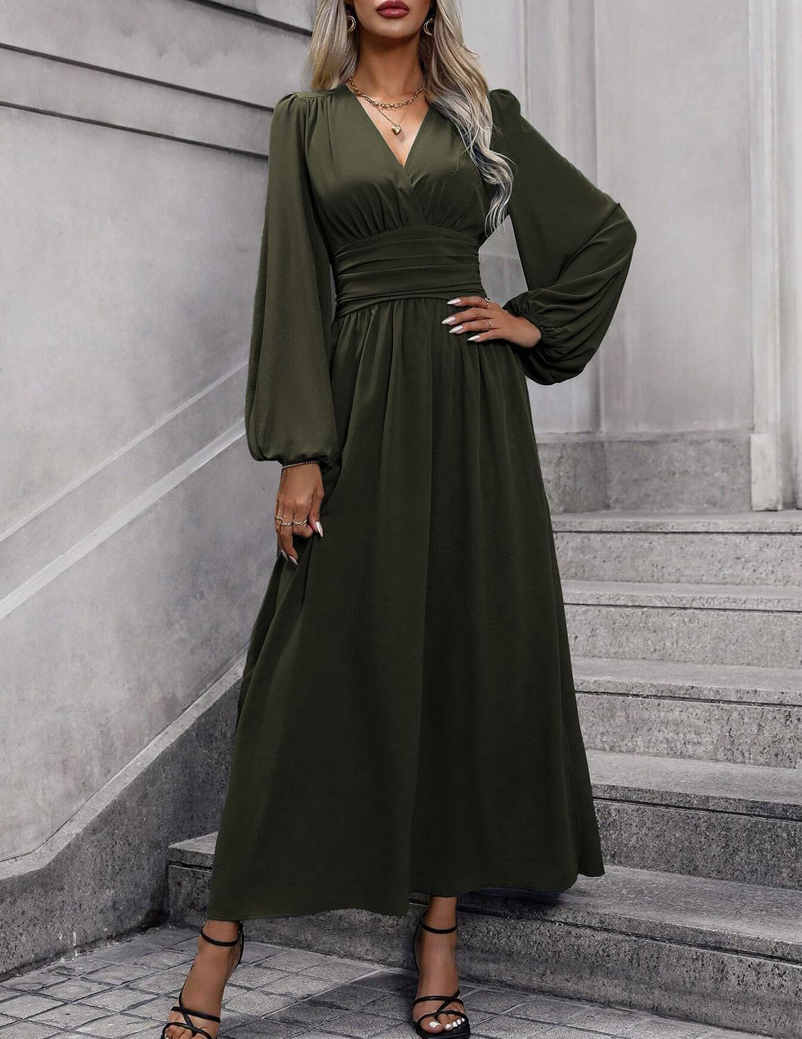 Éliana Damen Maxikleid – Elegantes Kleid mit V-Ausschnitt, hoher Taille und Laternenärmeln