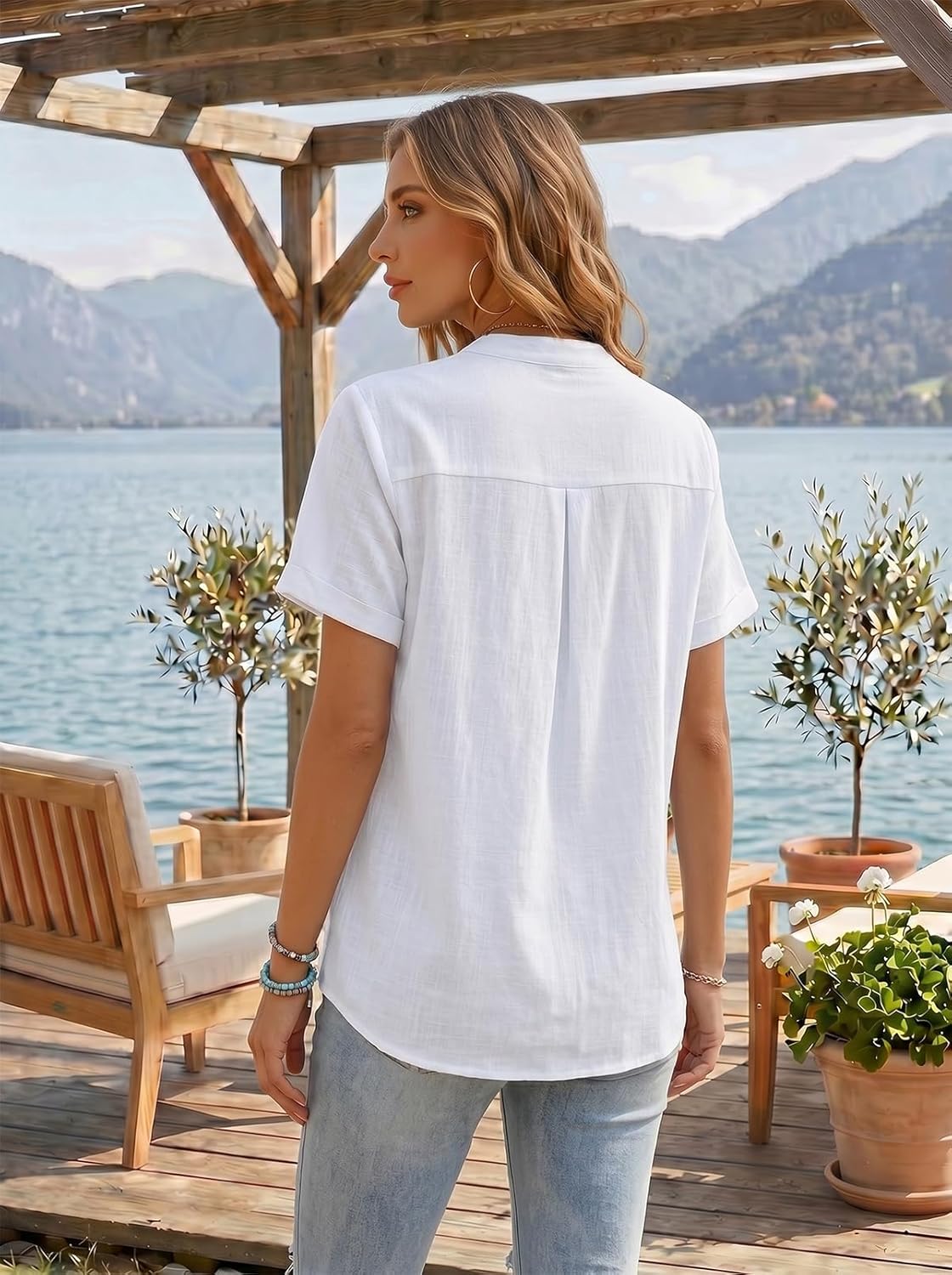 Bluzka Sophie damska bawełniana – elegancki top z dekoltem w serek Henley, krótkie rękawy, lato