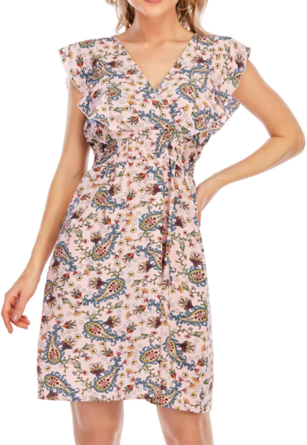 Chloé Vestido Mini para Mujer – Vestido de Gasa Floral con Escote en V, Volantes y Sin Mangas Rosa
