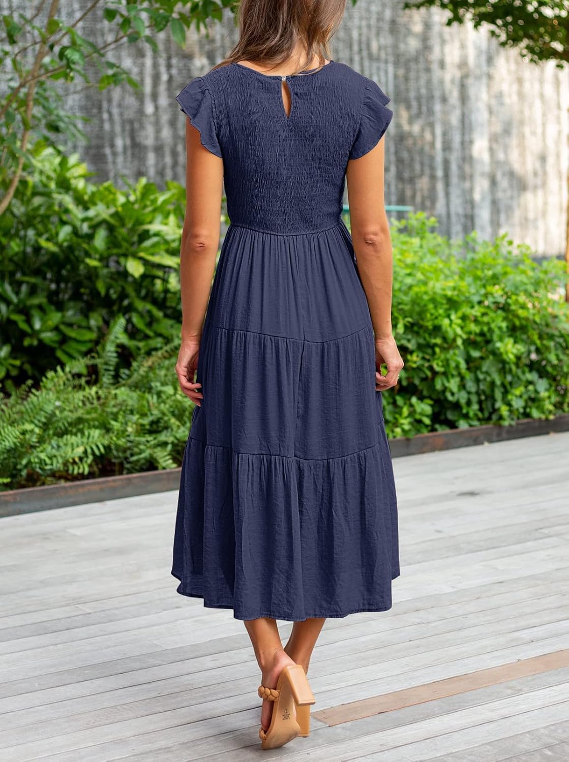 Louise Midi Dress for Women – Summer Smocked Dress with Flounced Sleeves, Elegant A-Line Cut