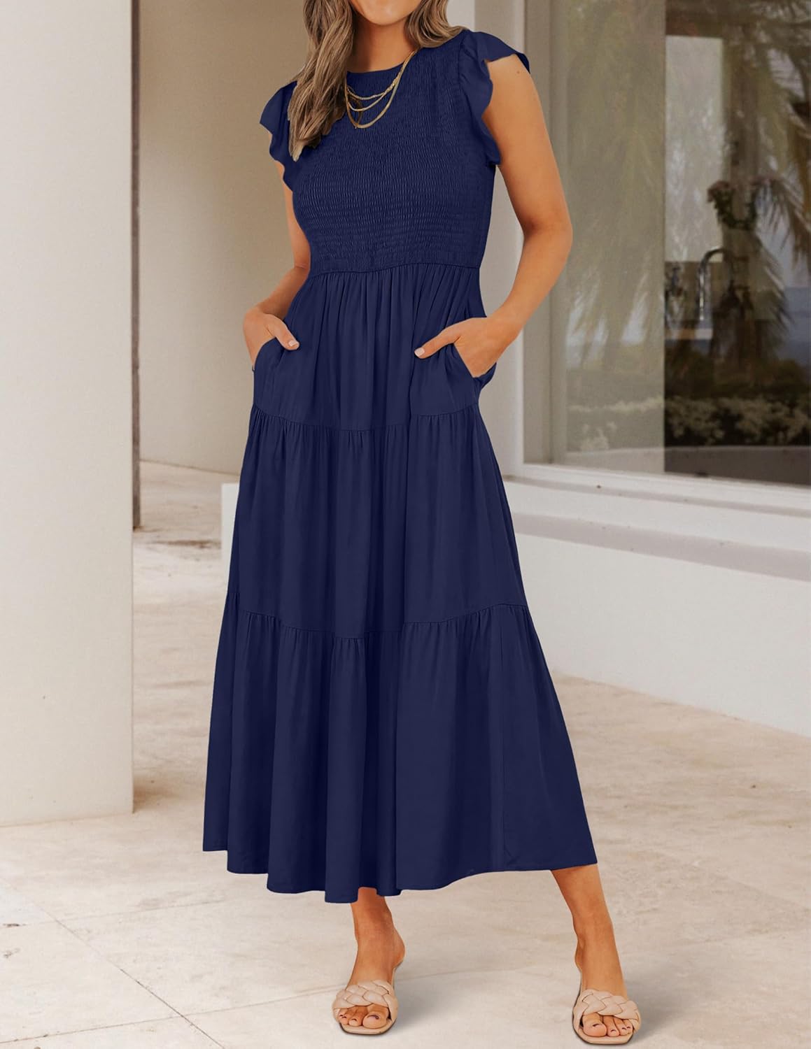 Vestido Midi Élise para Mujer – Vestido de Verano con Cintura Fruncida y Mangas Volantes Elegante y Fluido