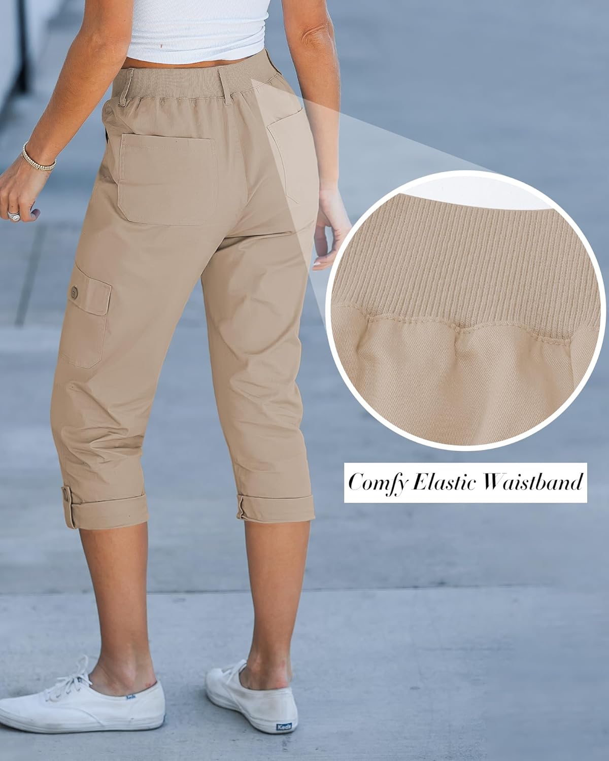 Laurice Pantaloni Cargo Capri Donna – Vita Alta Elastico, Multi Tasche Casual