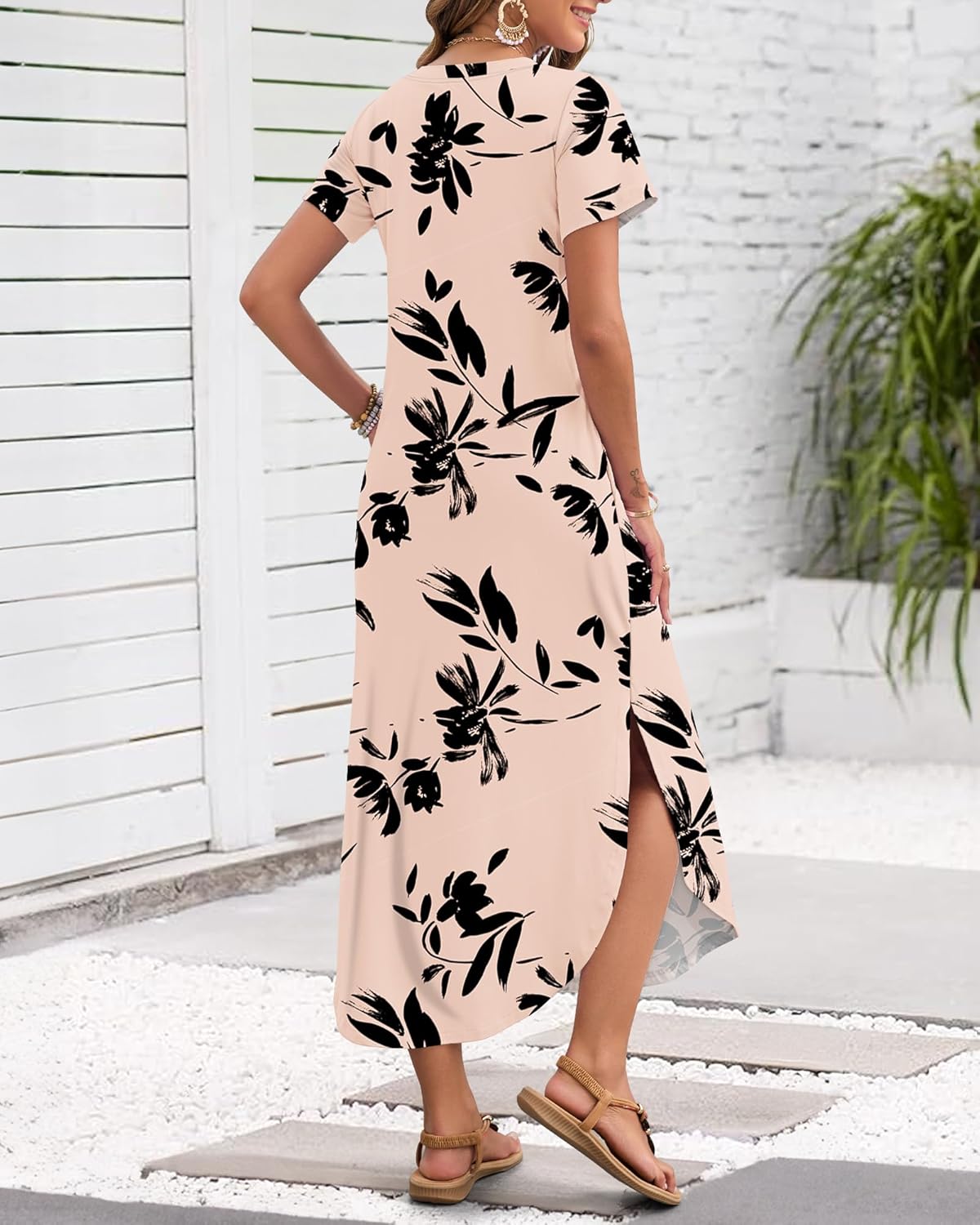 Laura Maxi Dress for Women Summer – Long V-Neck Dress with Slit, Short Sleeves & Comfortable Pockets