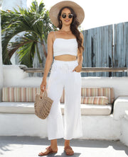 Linda Calças de Linho Capri Femininas – Corte Largo Fluido, Cintura Alta Elástica Verão