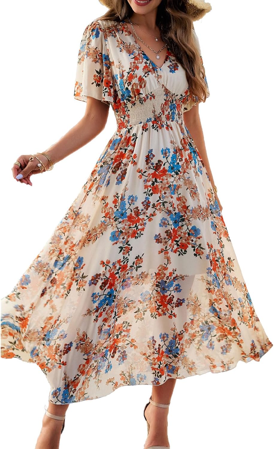 Vestido Dianne para mujer con flores – Cuello en V, mangas cortas, corte fluido, verano casual
