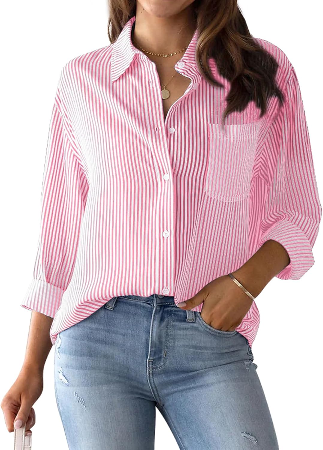 Julie Chemise Femme Rayée – Blouse Coton Col V Boutonnée Élégante Casual