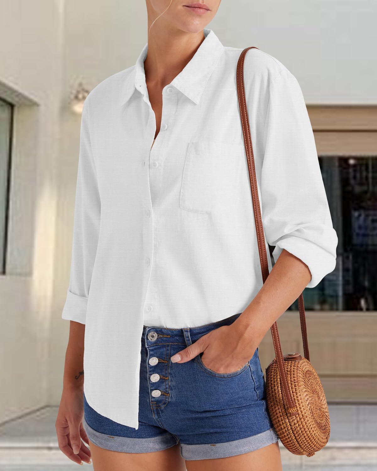 Laura Chemisier Femme Coton – Col V, Manches Longues, Coupe Ample Boutonnée Été