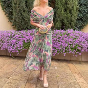 Rochie Olivia pentru femei – Rochie cocktail cu flori, umeri goi, talie înaltă, elegantă