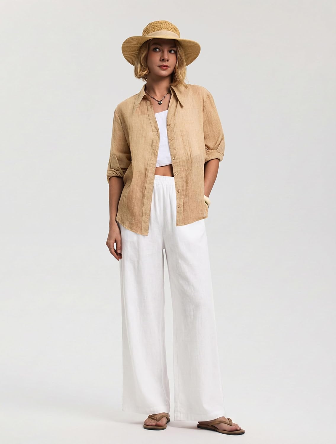 Edlyn Pantalón Mujer Lino Palazzo – Corte Amplio Fluido, Cintura Elástica Verano Chic