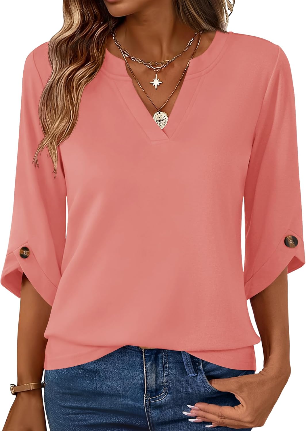 Blusa Sophie para mujer – Túnica elegante con cuello en V y mangas 3/4 acampanadas