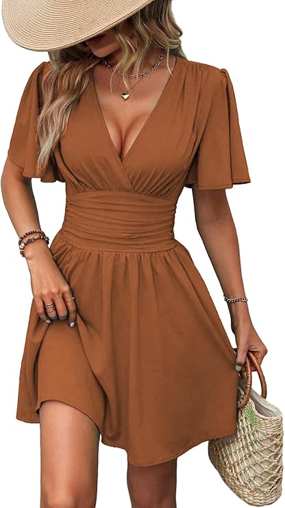 Abito da Donna Gala – Scollo a V, Maniche a Farfalla & Taglio A-Line con Vita Elastico Estate