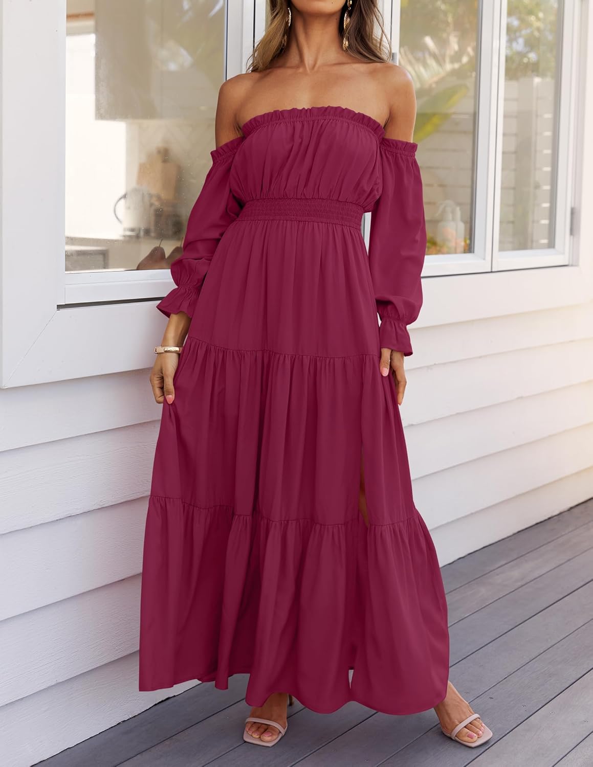 Sukienka maxi Sophie damska – sukienka boho z odkrytymi ramionami, rozcięciem i marszczoną talią