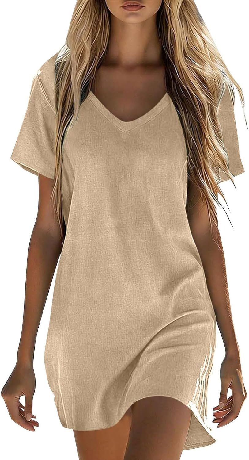 Sukienka Clara dla kobiet – mini sukienka T-shirt z lnem, okrągły dekolt, krótkie rękawy, luźny krój, lato