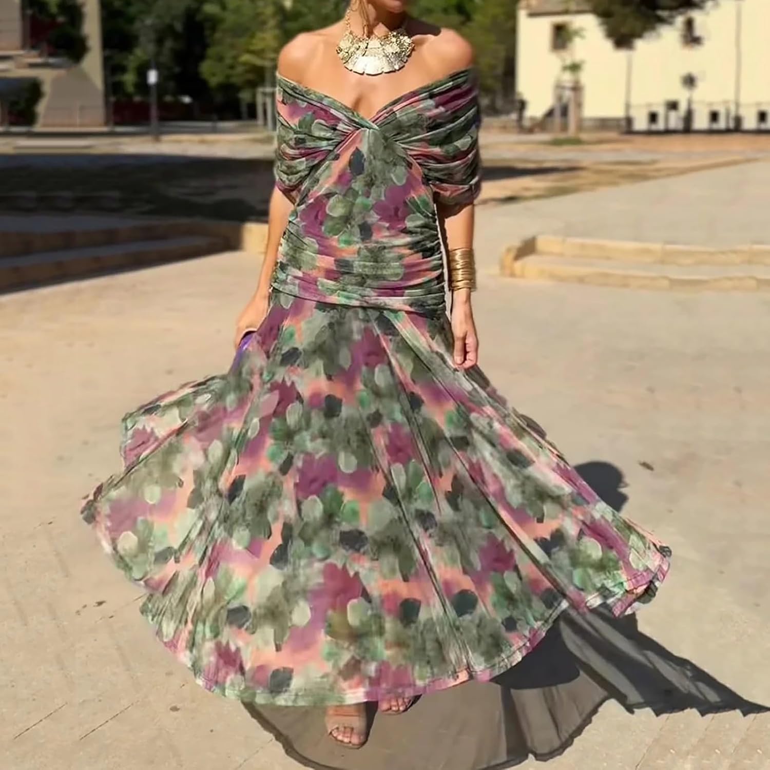 Rochie Olivia pentru femei – Rochie cocktail cu flori, umeri goi, talie înaltă, elegantă