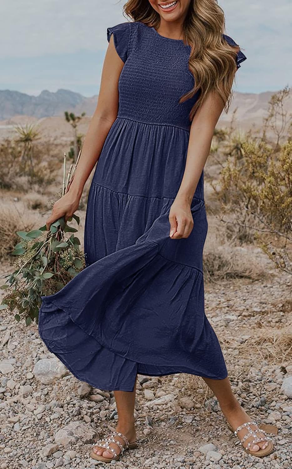 Louise Midi Dress for Women – Summer Smocked Dress with Flounced Sleeves, Elegant A-Line Cut