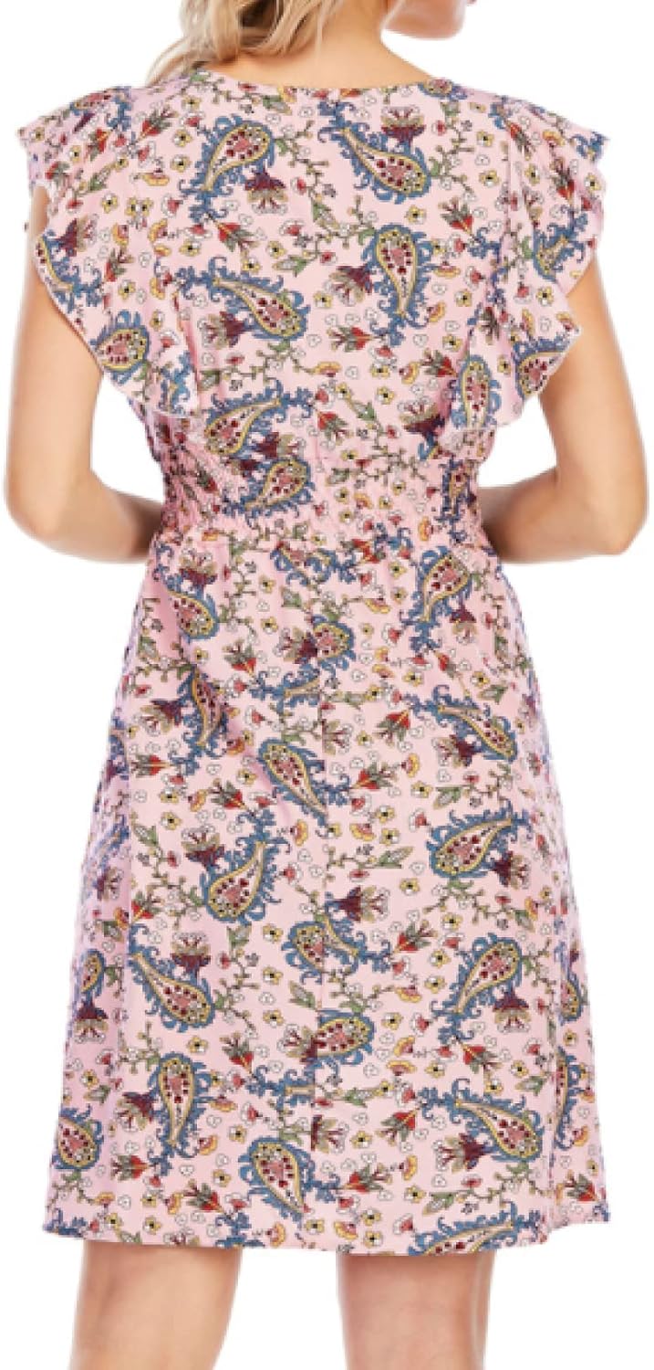 Chloé Vestido Mini para Mujer – Vestido de Gasa Floral con Escote en V, Volantes y Sin Mangas Rosa