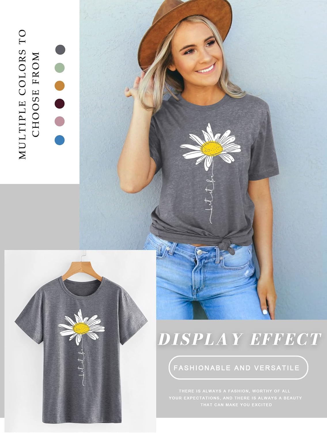 Lily T-shirt Dames Madeliefje – Top Met Print “Let It Be” Ronde Hals Korte Mouwen Zomer