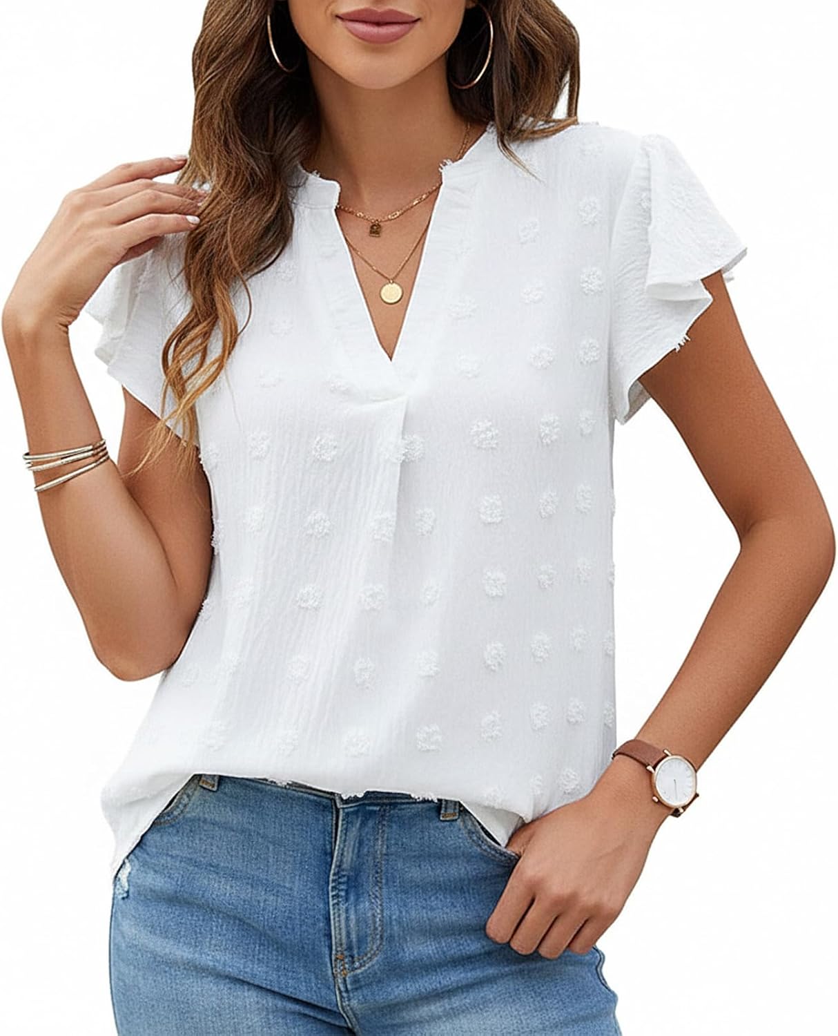 Léa bluza za žene s točkicama – elegantni ljetni top od šifona s V-izrezom i volanima na rukavima