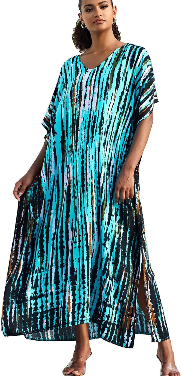 Isla Jurk voor dames – maxi kaftan, bohemien, V-hals, print, soepel vallend, strand, zomer