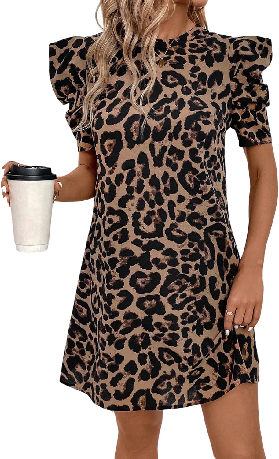 Rochie Mini Nina pentru Femei – Rochie Elegantă de Vară cu Manșete Bufante și Model Leopard Chic