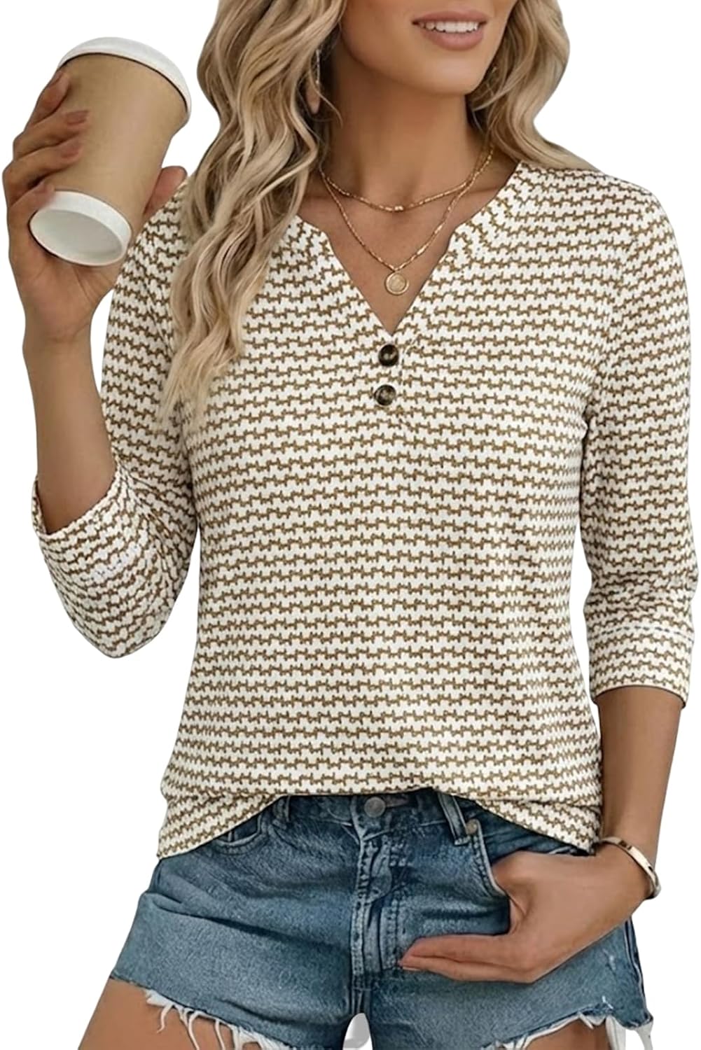 Dámská halenka Blessy s výstřihem do V – 3/4 rukávy Henley, volný bohémský elegantní letní střih