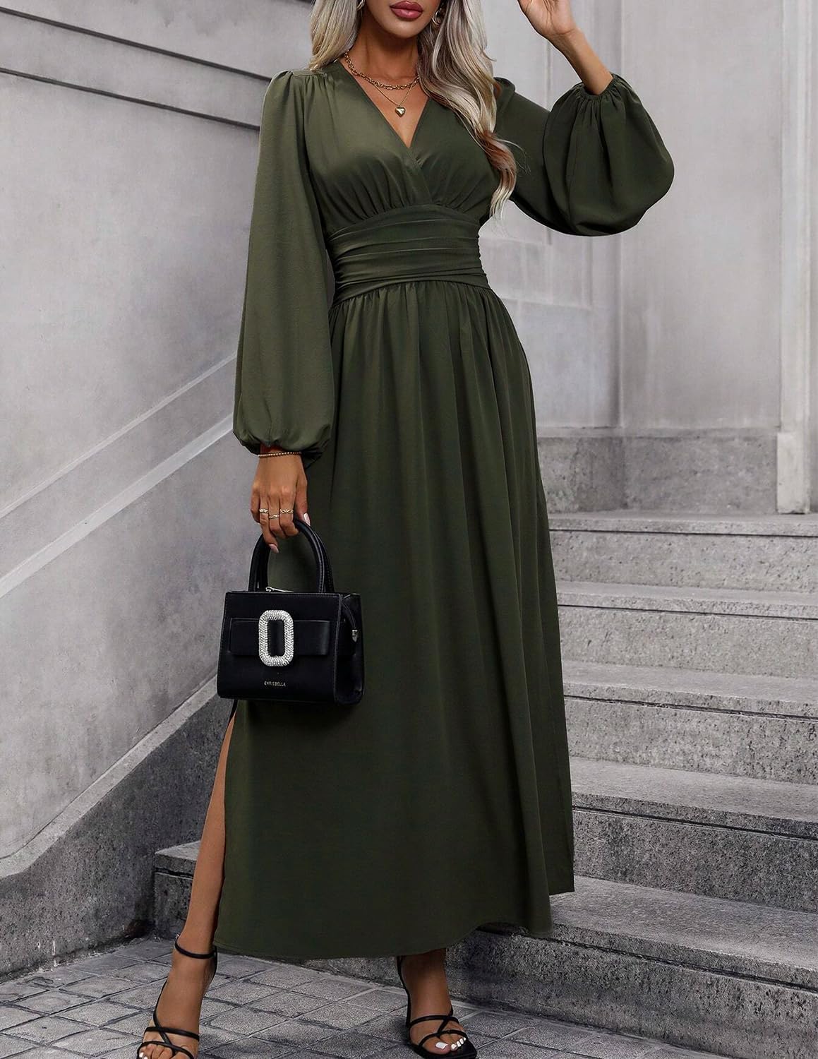 Éliana Damen Maxikleid – Elegantes Kleid mit V-Ausschnitt, hoher Taille und Laternenärmeln