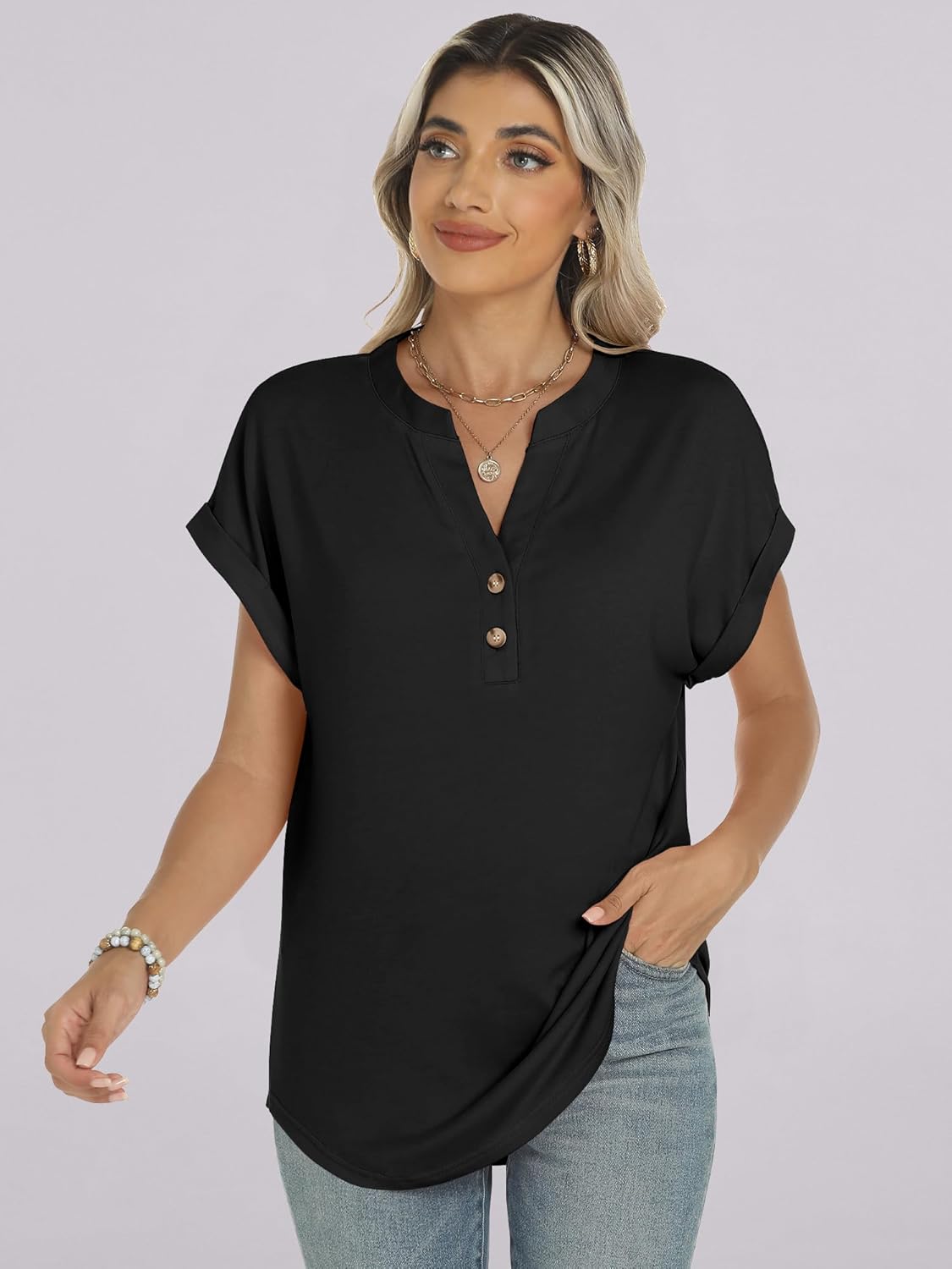 Manon Top Femme – Blusa Henley con Cuello en V Abotonado, Corte Fluido Casual Chic Verano