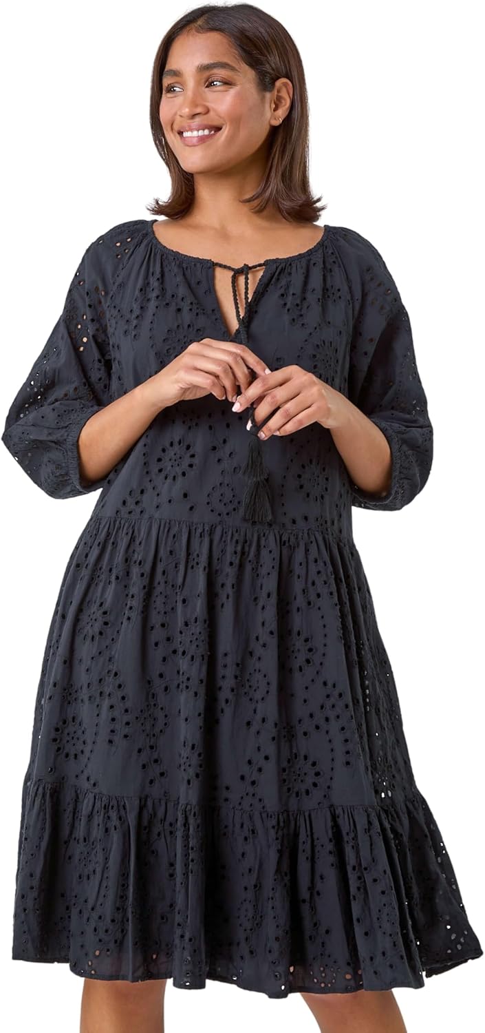 Sukienka Lina Midi Damska – Sukienka z Haftem, Falbankami, Dekoltem w Serek, Bawełniana, Letnia, Elegancka