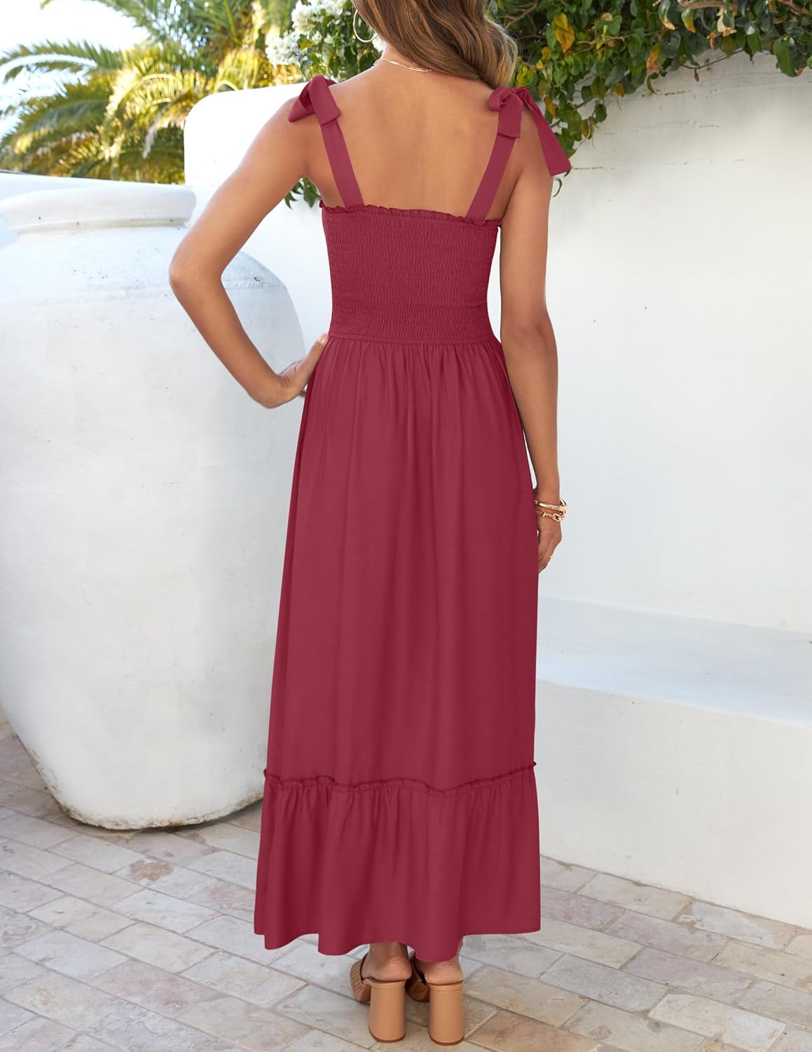 Léa Maxikleid Boho Damen – Elegantes langes Sommerkleid mit quadratischem Ausschnitt, Trägern und Volants