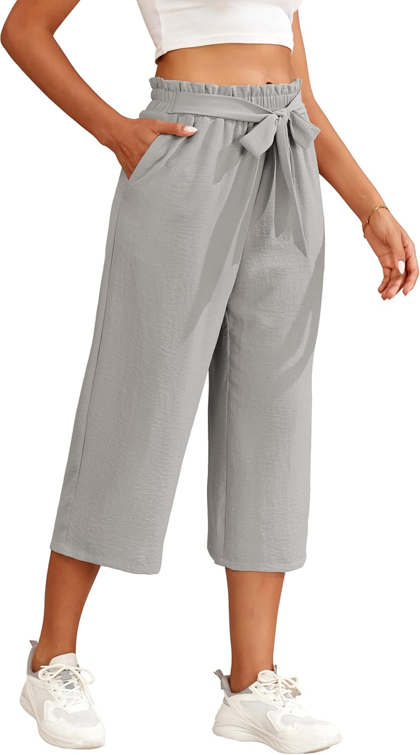 Juliette Pantalon 7/8 Femme – Pantalon Large Fluide Taille Élastique avec Ceinture