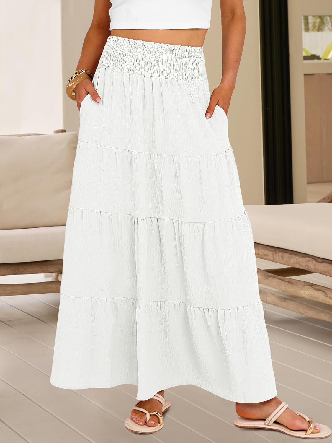 Juna Maxi Skirt for Women – Bohemian High-Waisted Smocked Skirt with Ruffles Summer