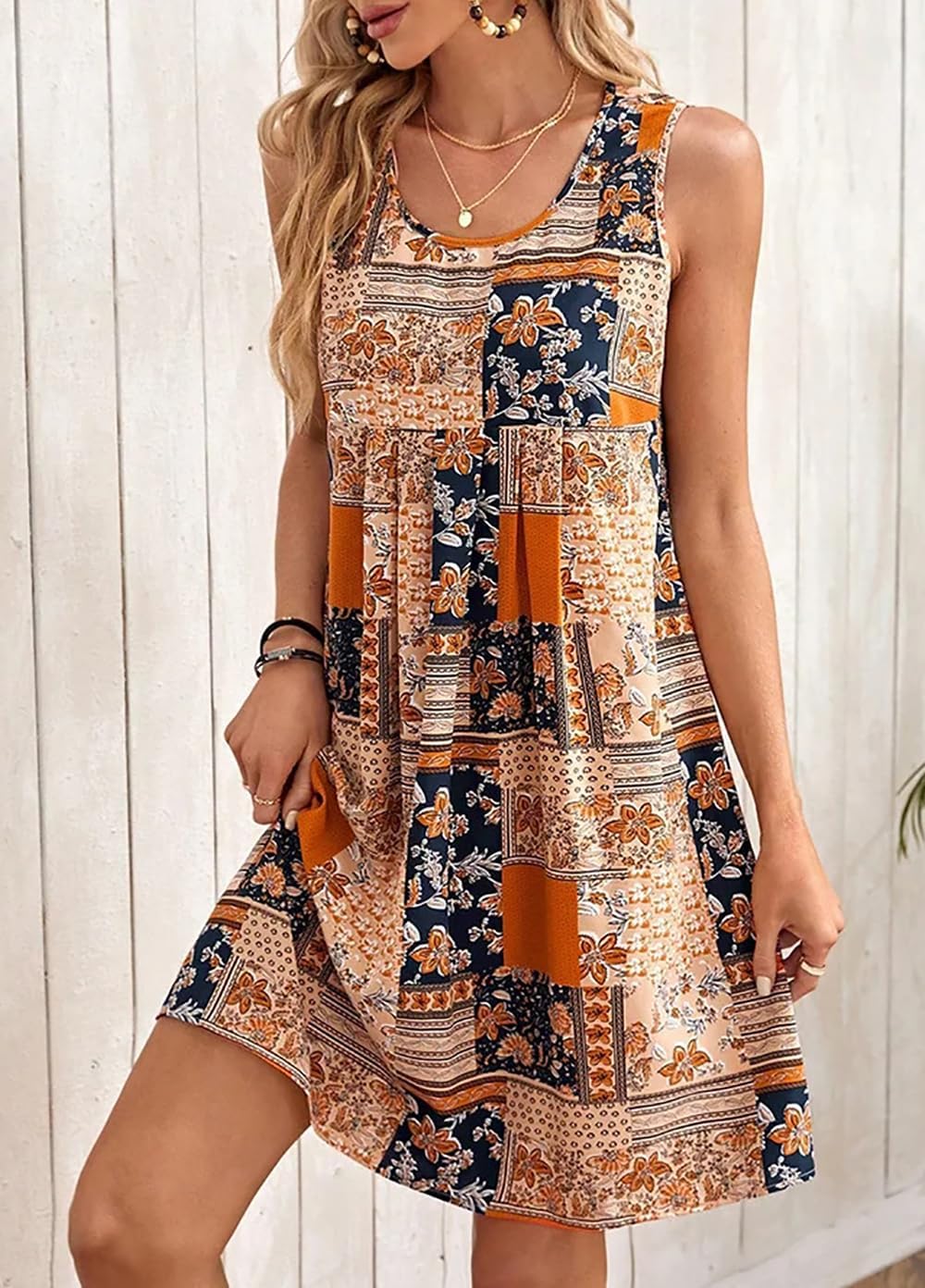 Rochie Luna pentru femei – Rochie mini cu flori fără mâneci, croială fluidă, stil boem de vară