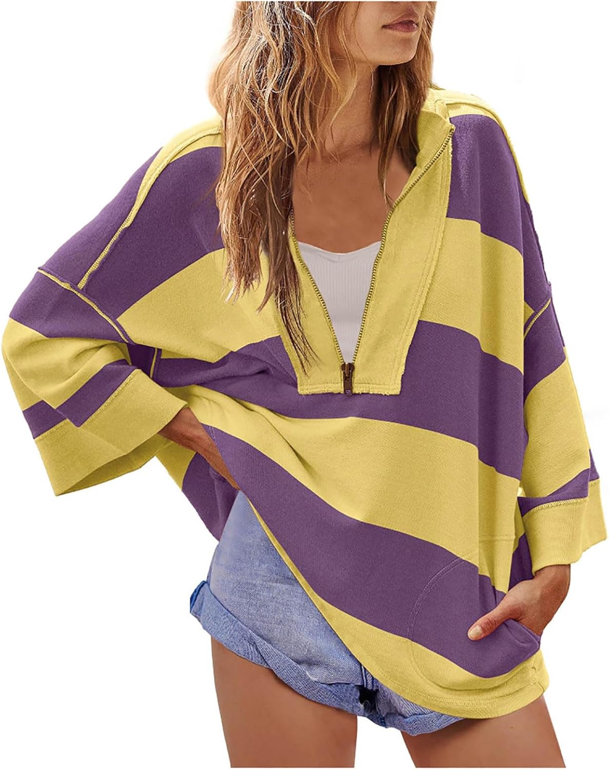 Milagros Sweat Oversize Femme – Pull Col V Rayé à Épaules Tombantes
