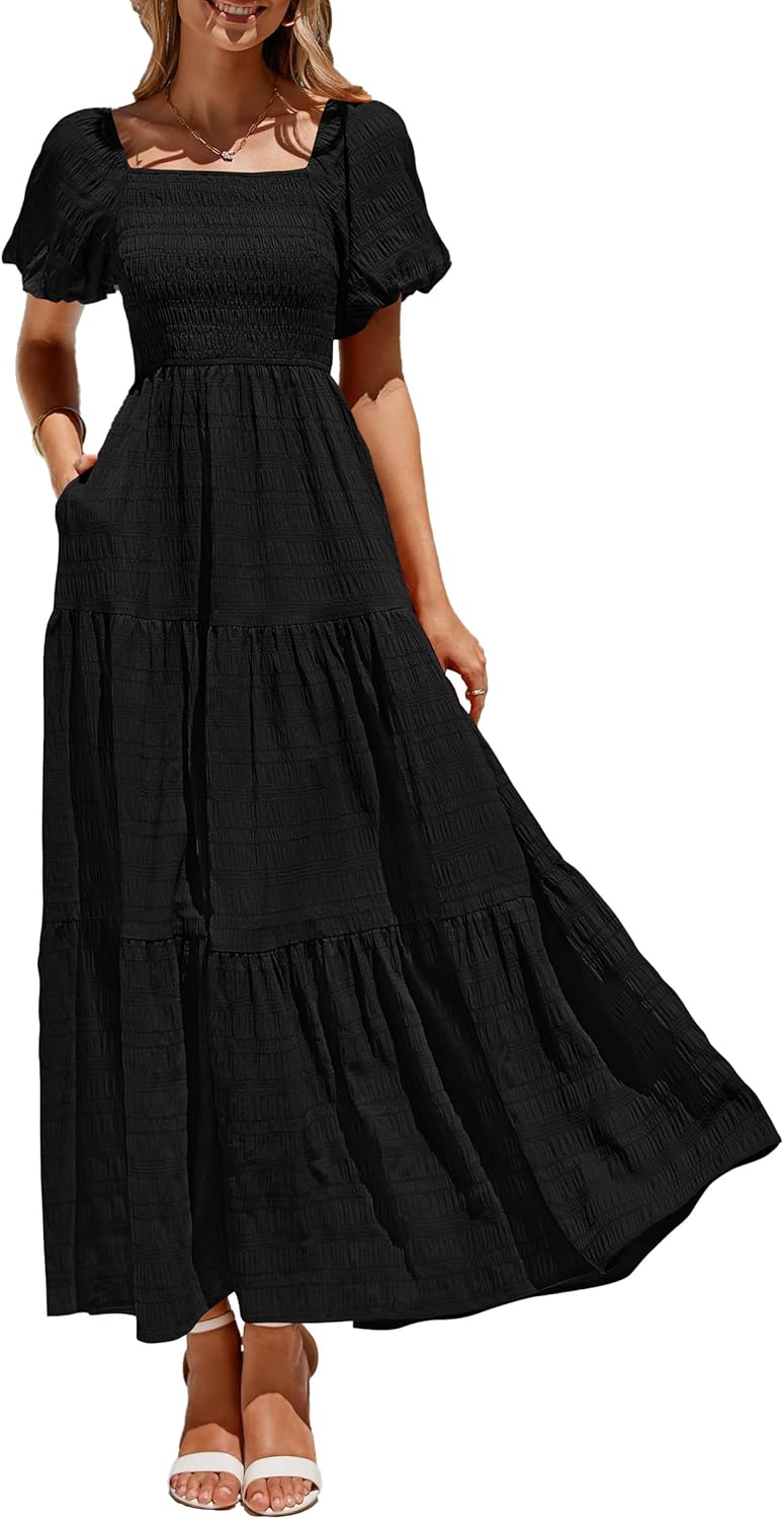 Vestito Maxi Estivo da Donna Reese – Vestito con Scollo Quadrato Arricciato, Maniche a Sbuffo e Volant Fluidi