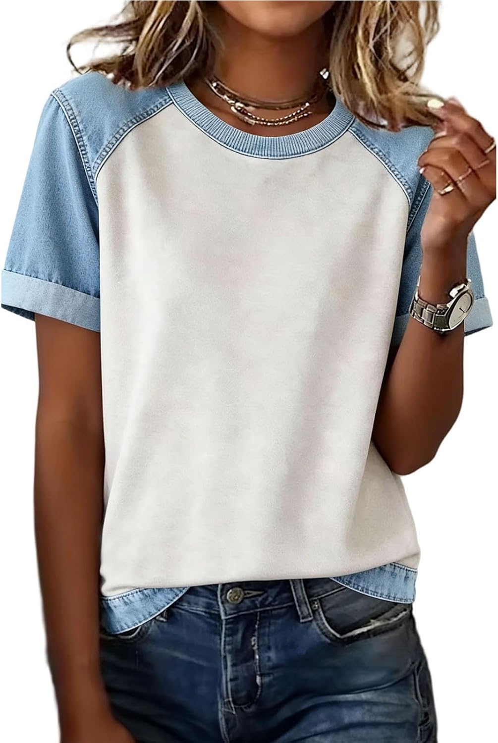 Glaidel Women's Blouse Round Neck – Lightweight Denim T-Shirt, Flowing Cut, Casual Elegant Summer