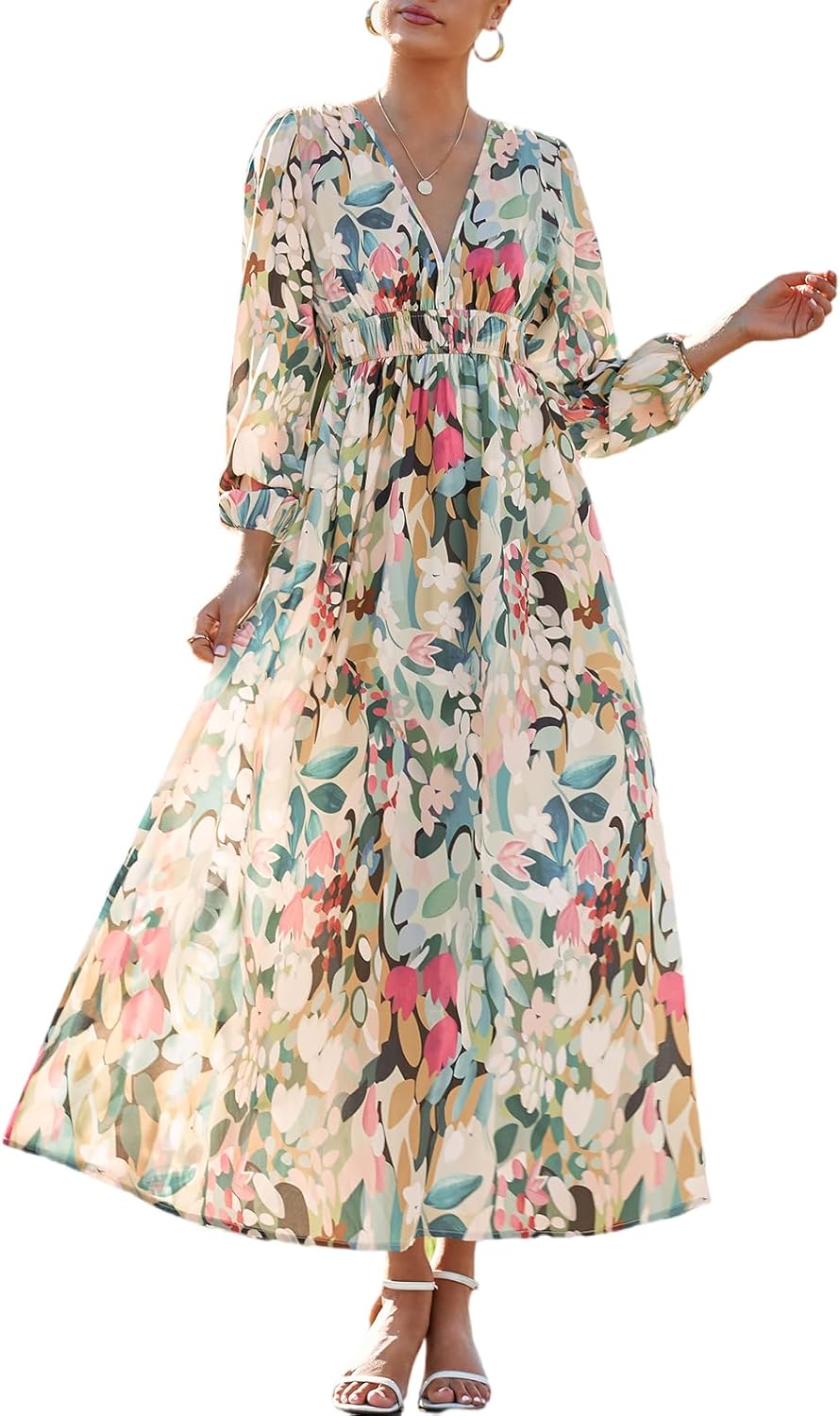 Rochie maxi pentru femei Léa cu flori – rochie lungă cu decolteu în V și mâneci lungi, elegantă, de vară