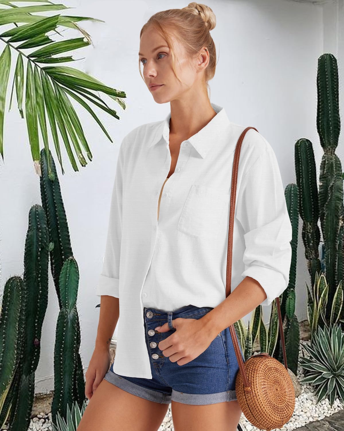 Laura Chemisier Femme Coton – Col V, Manches Longues, Coupe Ample Boutonnée Été