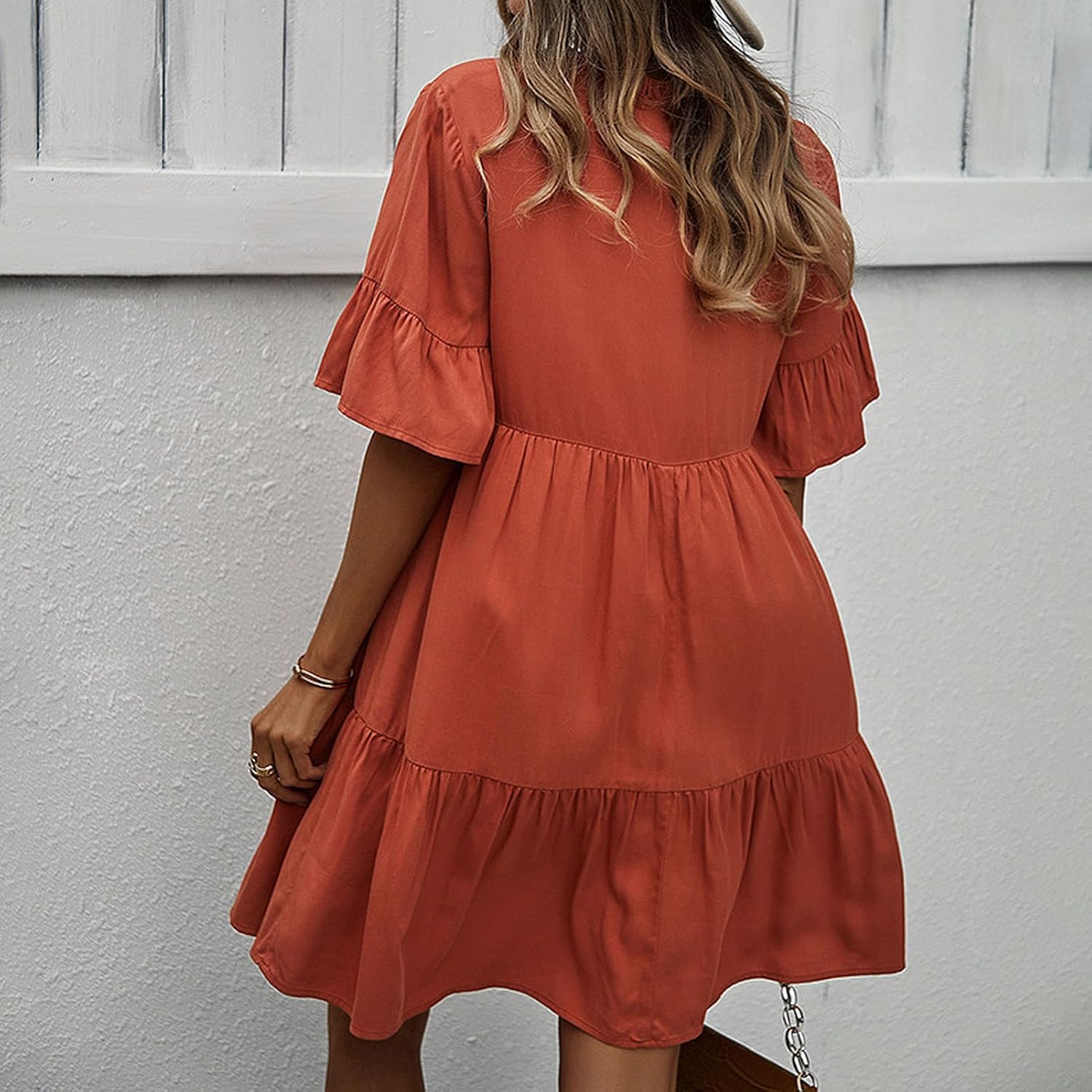 Vestido Léa Mulher – Vestido Mini com Folhos, Decote em V, Amarrado, Mangas Curtas, Elegante, Verão