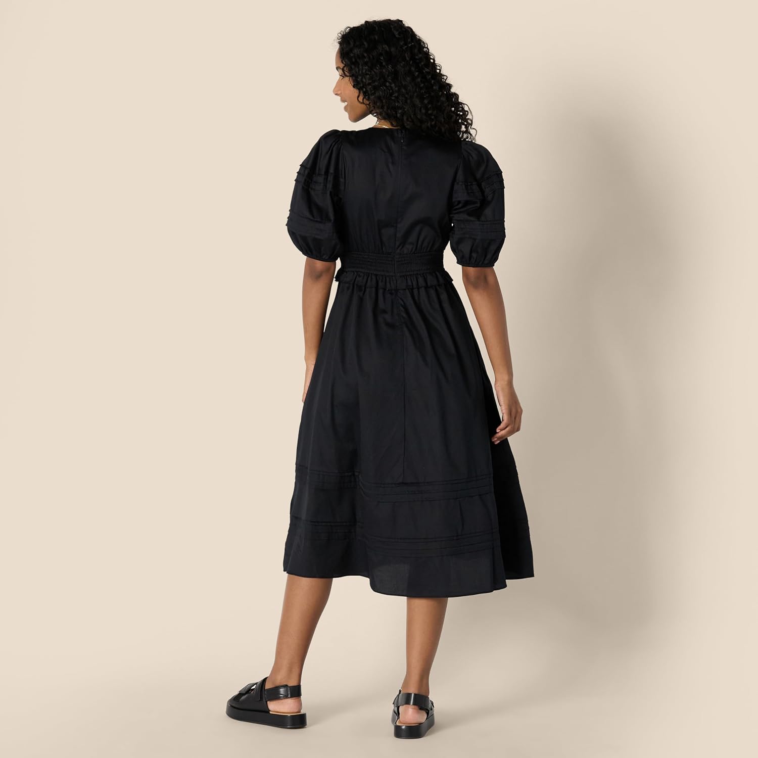 Sophie Midi Jurk Dames – Satijnen Katoenen Jurk Met V-Hals Pofmouwen Elegant