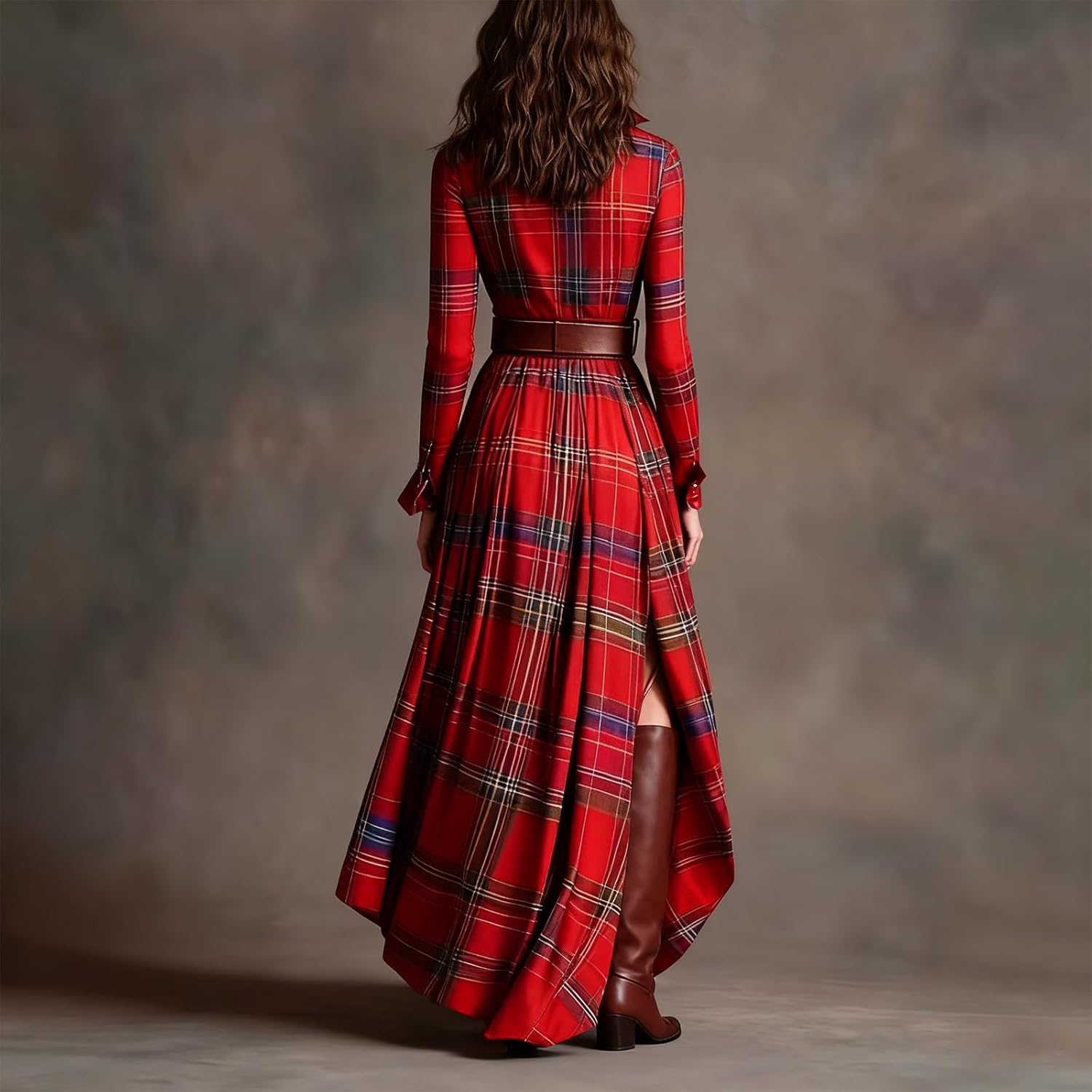 Vestido Comprido às Riscas para Mulher – Vestido Elegante com Decote em V e Mangas Compridas