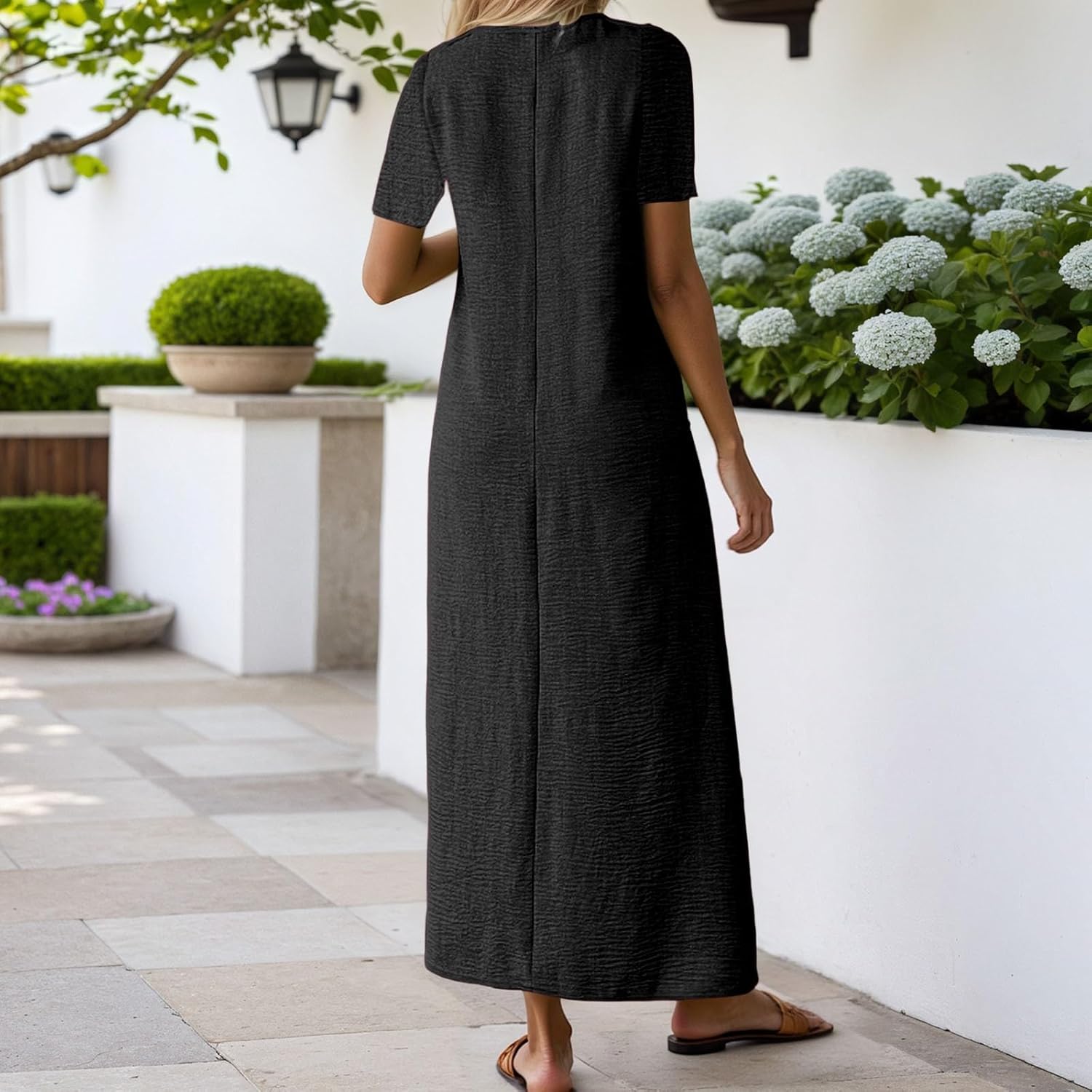 Laura Abito Donna – Abito Lungo in Lino Scollo a V Taglio Fluido Bohemien Confortevole Estate