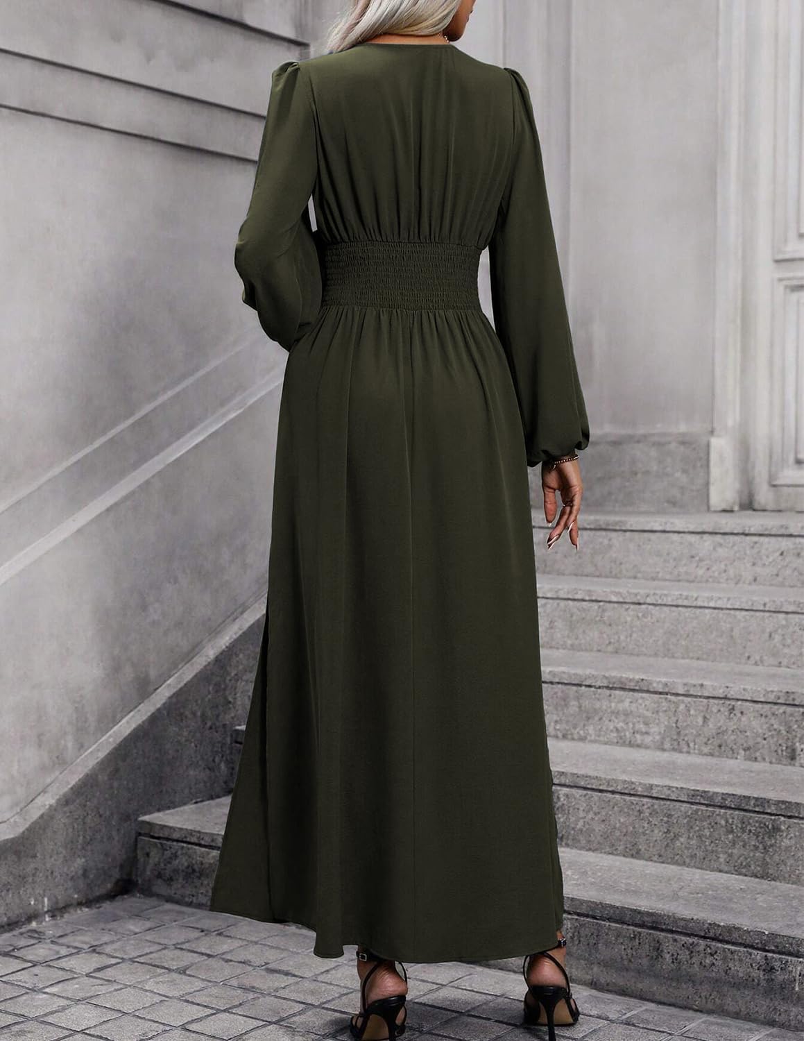 Éliana Damen Maxikleid – Elegantes Kleid mit V-Ausschnitt, hoher Taille und Laternenärmeln