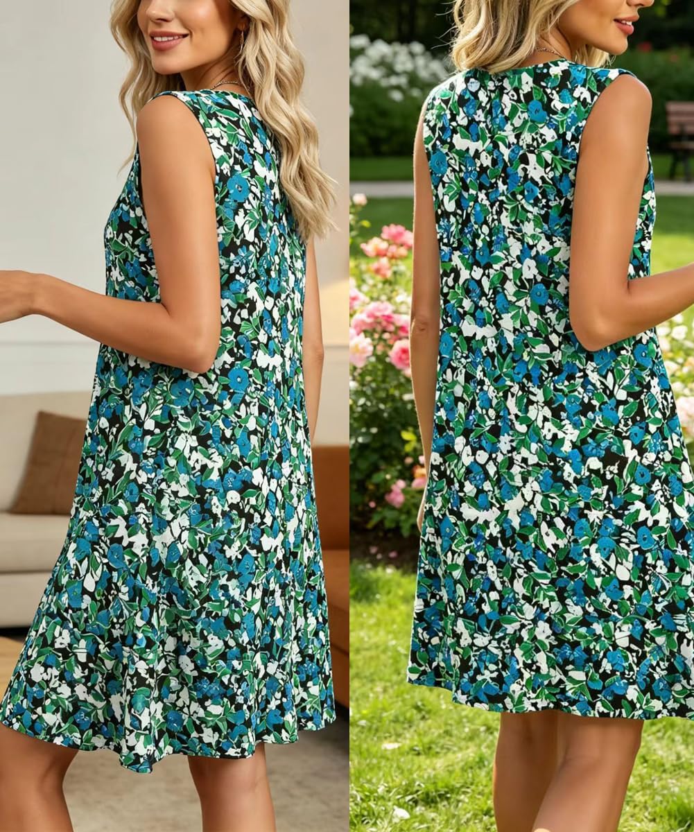 Élise Midikleid Damen – Blumiges ärmelloses Kleid mit Rundhalsausschnitt und Taschen für den Sommer