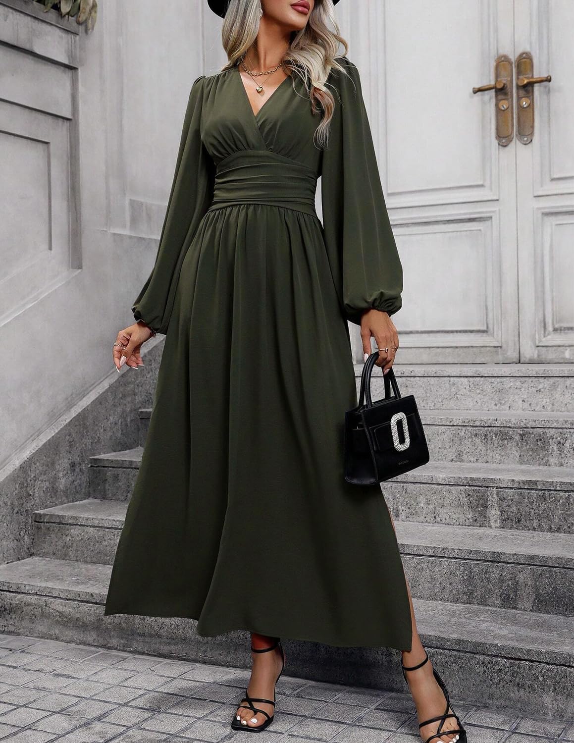 Éliana Damen Maxikleid – Elegantes Kleid mit V-Ausschnitt, hoher Taille und Laternenärmeln