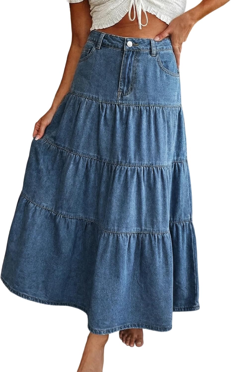 Verna Falda Vaquera para Mujer – Falda Maxi de Denim de Cintura Alta, Volantes y Bolsillos