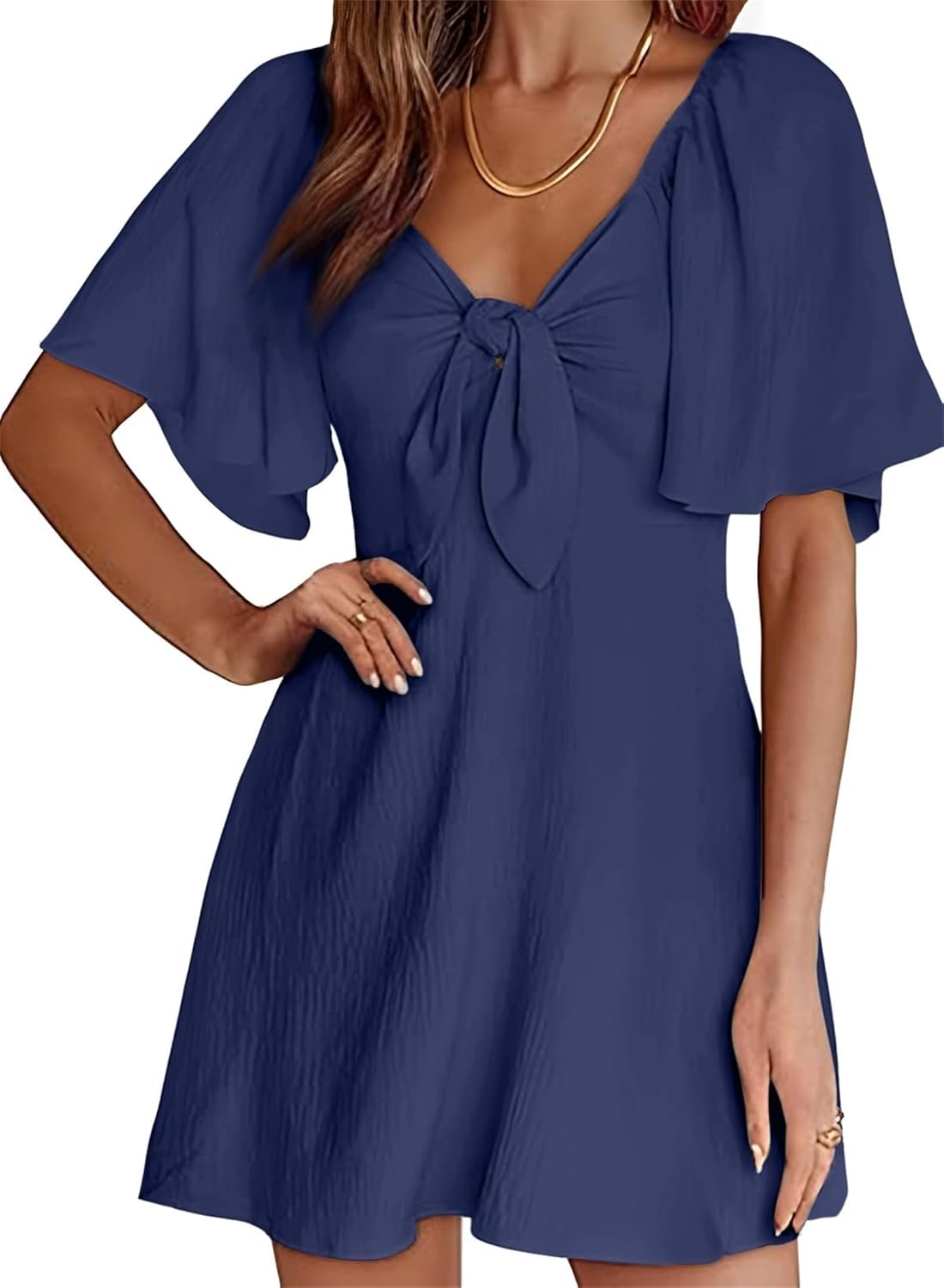 Chloé Damenkleid – Mini-Kleid mit V-Ausschnitt, Knoten, hoher Taille, eleganten Volants, Sommer